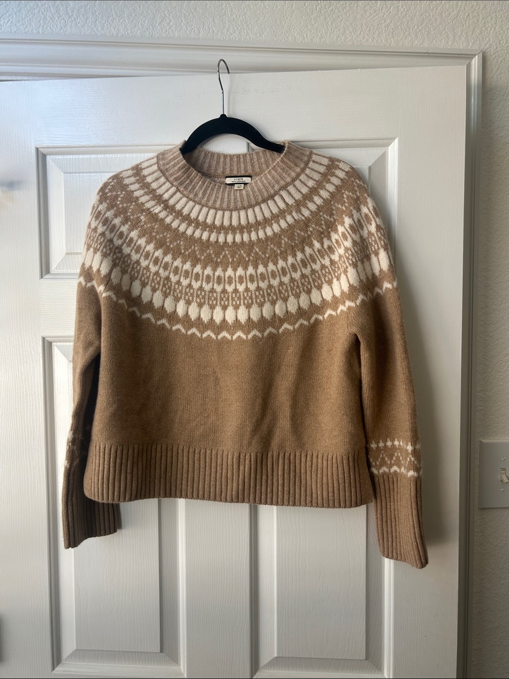 J. Crew Camel and White Fair Isle Crewneck Cashmere Sweater